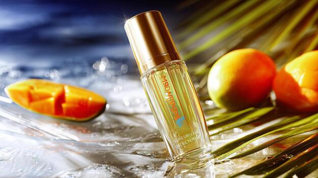 A bottle of perfume sitting on a table next to a bunch of mangos photo