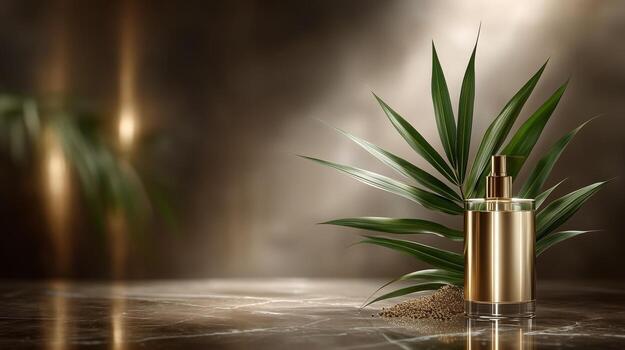 Golden bottle of cosmetic product with plant on marble background 3d rendering in vivid detail photo