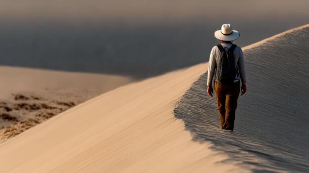 A man in a hat walks across a sand dune photo