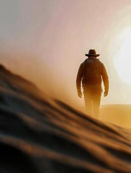 A man in a hat and backpack walking through the desert photo