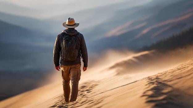 Man walking in the desert with a hat on photo