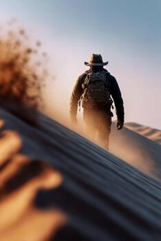 A man in a hat and backpack is walking through the sand photo