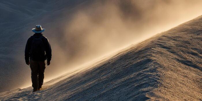 A man in a hat walks up a sand dune photo