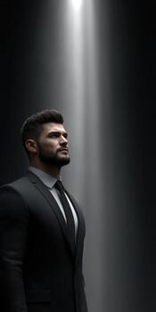 A man in a suit and tie standing in front of a spotlight photo