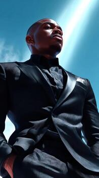 A man in a suit and tie standing in front of a blue sky photo