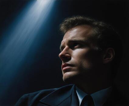 A man in a suit and tie looks up at the light photo