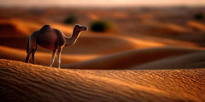 A camel is standing in the desert with sand dunes photo