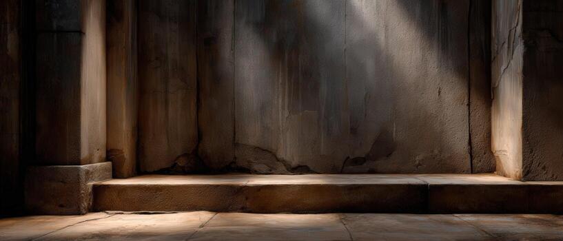 An empty room with a stone bench in the middle photo