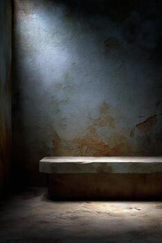 A dark room with a concrete bench sitting in it photo
