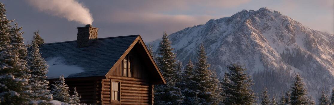 A log cabin in the snow with mountains in the background photo