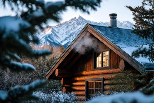 A log cabin with snow on the ground and mountains in the background photo