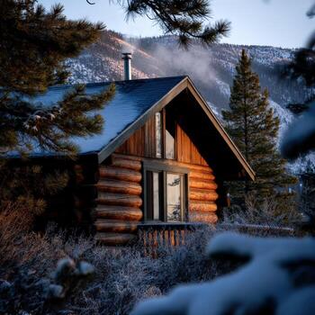 A log cabin is surrounded by snow photo