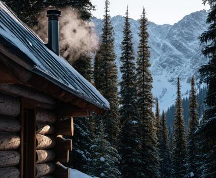 A log cabin in the mountains with a chimney photo