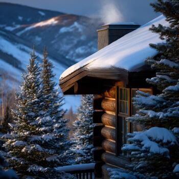 un Iniciar sesión cabina con nieve en el techo y arboles en el antecedentes foto
