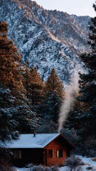 A cabin in the snow with mountains in the background photo