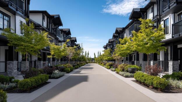 A long, paved walkway in front of a row of townhouses photo