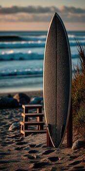 A surfboard on a beach photo
