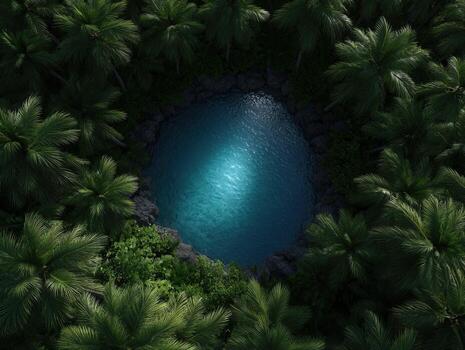An aerial view of a pool surrounded by palm trees photo
