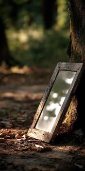 A mirror is sitting on the ground near a tree photo