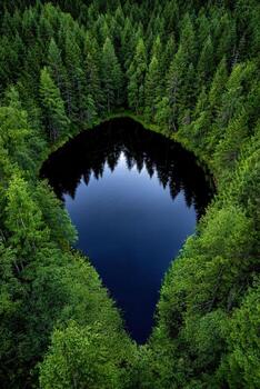 A heart shaped lake surrounded by trees in the forest photo