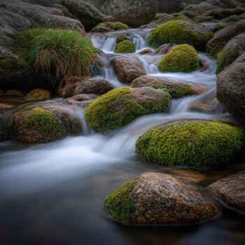A stream flowing over rocks and moss photo