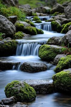 A stream flowing through a rocky area with mossy rocks photo