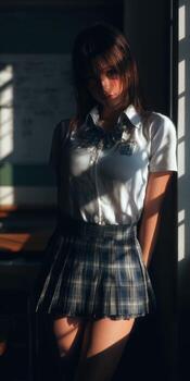 A woman in a school uniform standing in front of a window photo