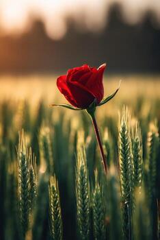 A single red rose stands in a field of wheat photo