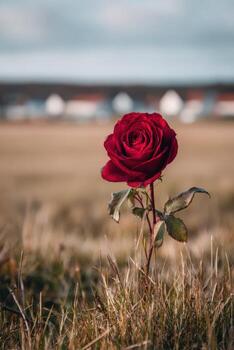 A single red rose in a field with houses in the background photo
