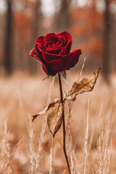 A single red rose in a field with brown grass photo