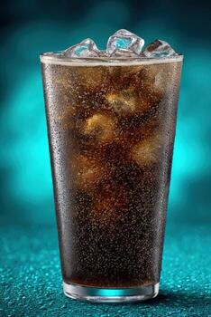 A glass of cola with ice on a blue background photo