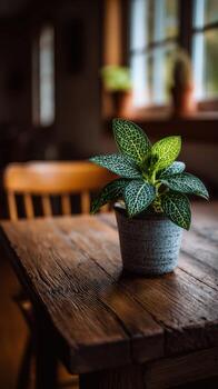 A plant sits on a wooden table in front of a window photo
