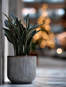 A plant in a pot on the floor in front of a christmas tree photo