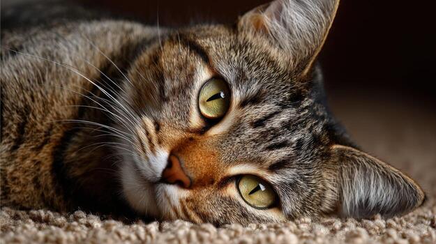 A cat laying on a carpet with its eyes closed photo