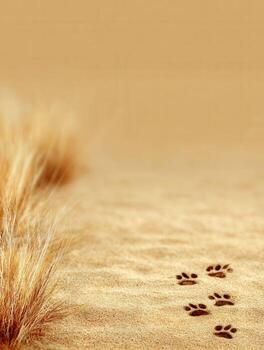 A dog walking on the sand with a trail of paw prints photo