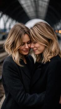 Two women hugging in front of a train station photo