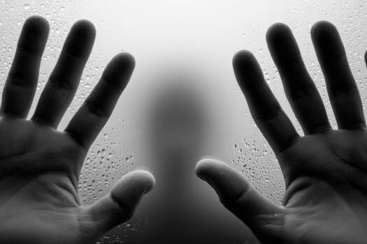 Hands reaching out to the sky, with a silhouette of a person in the background photo