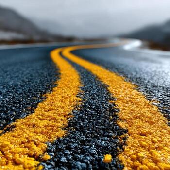 Closeup of winding asphalt road with yellow lines photo