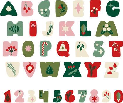 Set of decorative letters and numbers. Christmas typography, winter atmosphere. For design, scrapbooking, prints. Decorated letters in a simple geometric Scandinavian style. Beautiful alphabet bundle. vector