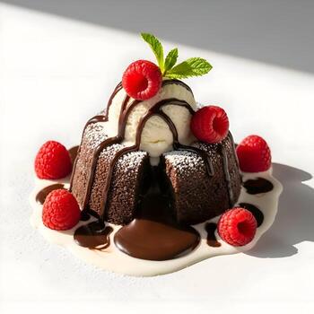 Decadent chocolate lava cake with ice cream and raspberries isolated on white background. photo
