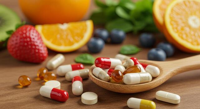 rústico cuchara con clasificado pastillas y cápsulas en de madera mesa foto