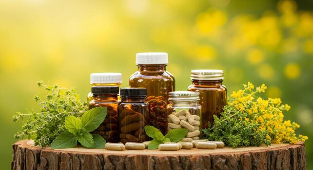 Supplement Bottles and Herb Jars Grouped with Fresh Greens in Warm, Dreamy Bokeh photo