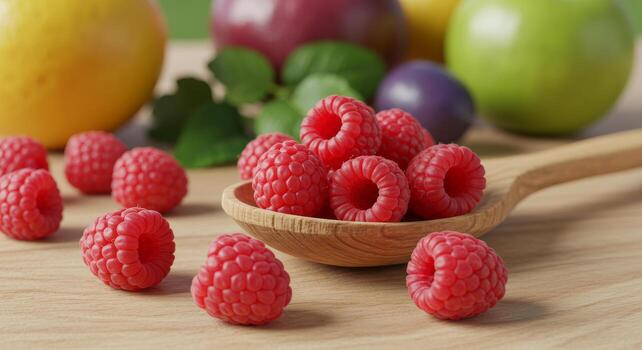 Still Life Focusing on Raspberry Textures with Fresh Fruits and Greens photo
