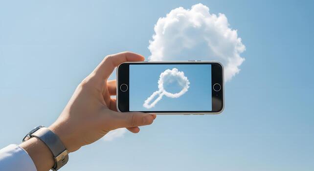 Searching for data in the cloud. Hand holding a smartphone with a cloud search symbol, representing technology and information discovery photo