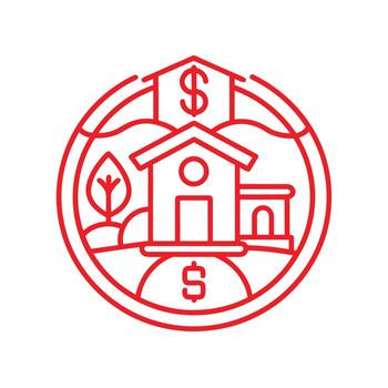 Red Outline Icon Of A House With Dollar Signs And Landscape Elements abstract architecture vector