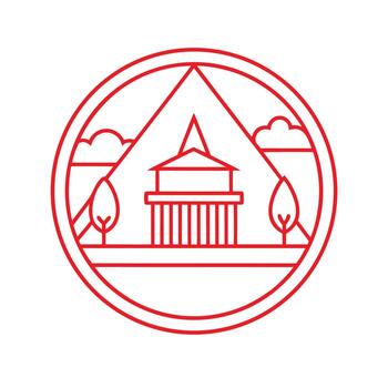 rojo línea Arte circular emblema de un templo edificio rodeado por arboles y nubes arquitectura vector