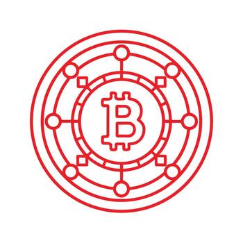 Red Line Art Bitcoin Cryptocurrency Symbol within a Circular Network Design on White Background vector