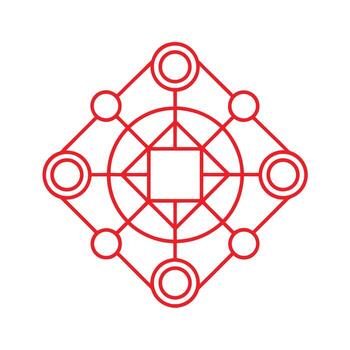 Red geometric line art symbol with interconnected circles and squares abstract pattern vector