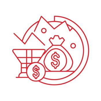 rojo línea Arte icono de que cae grafico dinero bolso y moneda con dólar señales gráfico disminución vector