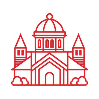 rojo contorno icono de un grandioso edificio con un Hazme y torres en un blanco antecedentes arquitectura vector